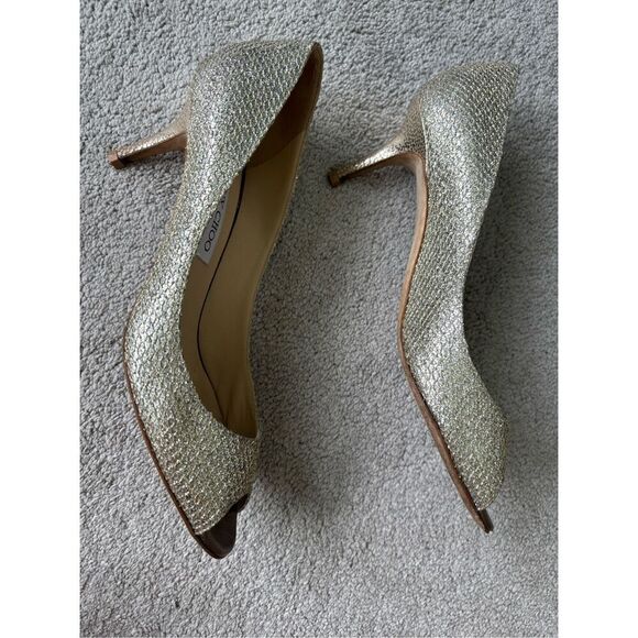 EUC Jimmy Choo Isabel Champagne Glitter Peep-Toe Pumps, Sz 39, $795 - Picture 2 of 11
